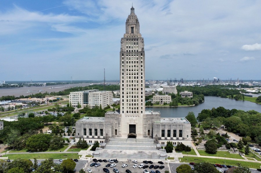 FILE - The Louisiana state Capitol stands on April 4, 2023, in Baton Rouge, La. In a victory for the transgender community, and bucking the trend of other reliably red states, a Republican-controlled Louisiana legislative committee voted to a kill a bill Wednesday, May 24, 2023, that would have banned gender-affirming medical care for minors. (AP Photo/Stephen Smith, File)