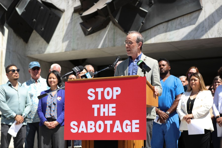 Democratic Sen. Michael Dembrow speaks during a press conference and rally against the Republican Senate walkout at the Oregon State Capitol in Salem, Ore., Tuesday, June 6, 2023. Oregon Democratic lawmakers got on the state Capitol steps Tuesday and implored Republican senators, who have been boycotting the Senate for over a month, to return and vote on bills, saying lives are literally at stake. (AP Photo/Amanda Loman)