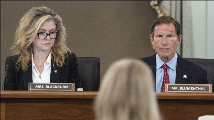 FILE - Sen. Marsha Blackburn, R-Tenn., left, and Sen. Richard Blumenthal, D-Conn., right speak during a hearing, Oct. 5, 2021, in Washington. The two U.S. senators are asking TikTok to explain what they called “misleading or inaccurate” statements about how it stores and provides access to U.S. user data. In a letter sent Tuesday, June 6, 2023 to TikTok CEO Shou Zi Chew, U.S. Sens Richard Blumenthal and Marsha Blackburn cited recent news reports from Forbes and The New York Times that raised questions about how the company some handles sensitive U.S. user information. (AP Photo/Alex Brandon, File)