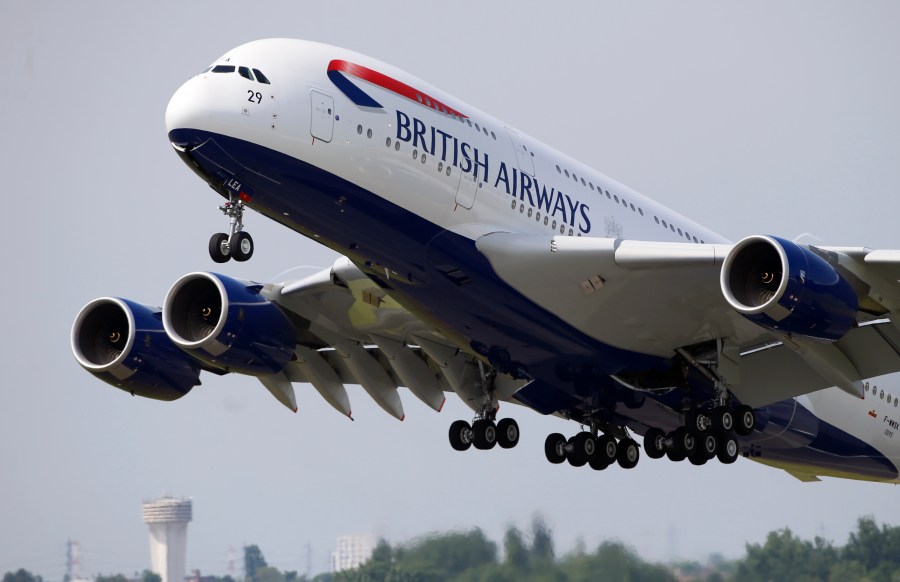 FILE - A British Airways Airbus A380 aircraft performs its demonstration flight during the first day of the 50th Paris Air Show at Le Bourget airport, north of Paris, June 17, 2013. U.S. and British cybersecurity officials warned Wednesday, June 7, 2023, that a Russian cyber-extortion gang's hack of a file-transfer program popular with corporations could have widespread global impact. Initial data-theft victims include the BBC, British Airways and Nova Scotia's government. (AP Photo/Francois Mori, File)