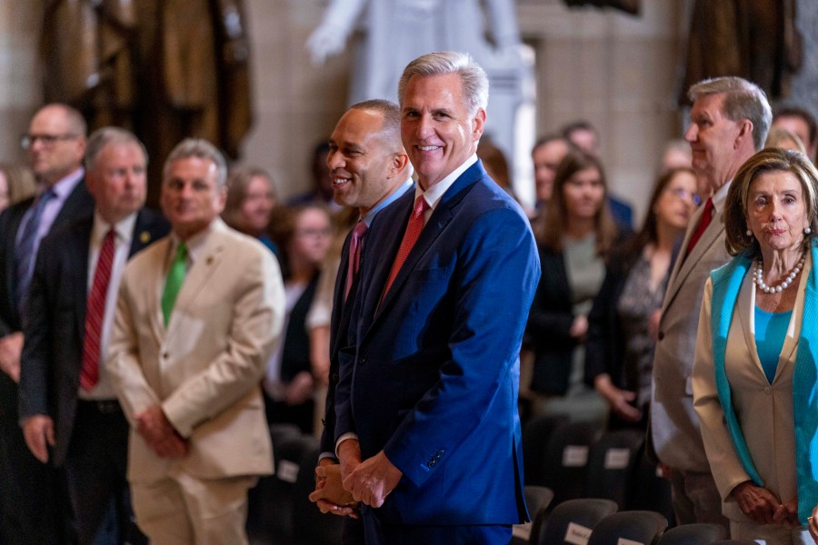 House Speaker Kevin McCarthy of Calif., center, House Minority Leader Hakeem Jeffries of N.Y., left., and Rep. Nancy Pelosi, D-Calif, right, attend an unveiling ceremony for the Congressional statue of Willa Cather, in Statuary Hall on Capitol Hill in Washington, Wednesday, June 7, 2023. Willa Cather was one of the country's most beloved authors, writing about the Great Plains and the spirit of America. (AP Photo/Andrew Harnik)