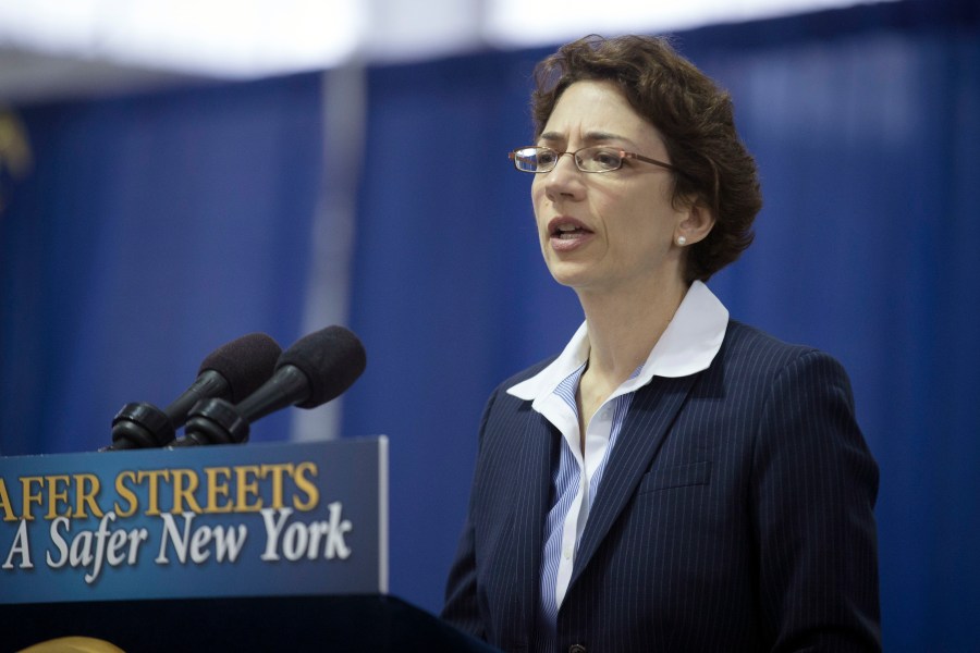 FILE -Polly Trottenberg, Commissioner of the New York City Department of Transportation, speaks to the media during a press conference and bill signing that authorizes New York City to lower their speed limit, Saturday, Aug. 9, 2014, in New York. The Federal Aviation Administration has another acting leader at the controls. The White House said Thursday, June 8, 2023 that President Joe Biden picked longtime government official Polly Trottenberg to run the FAA.(AP Photo/John Minchillo, File)