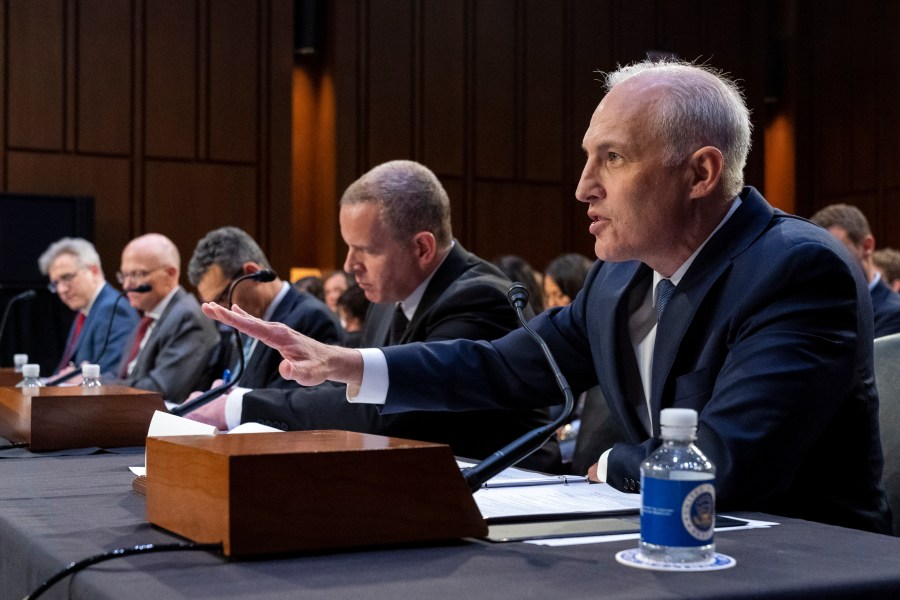 Matt Olsen, Assistant Attorney General of the National Security Division of the Department of Justice, right, testifies with, from far left, Chris Fonzone, General Counsel at the Office of the Director of National Intelligence, George Barnes, Deputy Director of the National Security Agency (NSA), David Cohen, Deputy Director of the Central Intelligence Agency (CIA), and Paul Abbate, Deputy Director of the Federal Bureau of Investigation (FBI), during a Senate Judiciary Oversight Committee hearing to examine Section 702 of the Foreign Intelligence Surveillance Act and related surveillance authorities, Tuesday, June 13, 2023, on Capitol Hill in Washington. (AP Photo/Jacquelyn Martin)