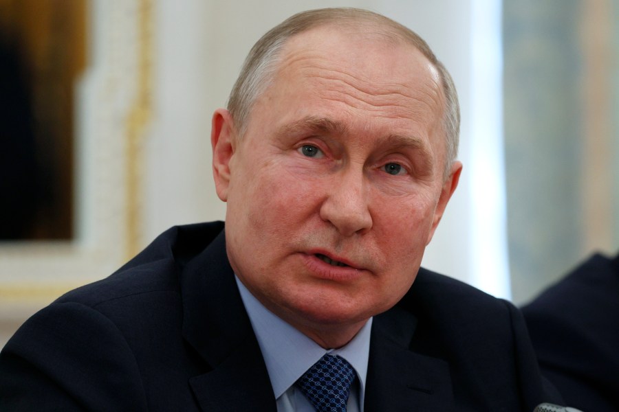 Russian President Vladimir Putin speaks during a meeting with Russian war correspondents who cover a special military operation at the Kremlin in Moscow, Russia, Tuesday, June 13, 2023. (Gavriil Grigorov, Sputnik, Kremlin Pool Photo via AP)