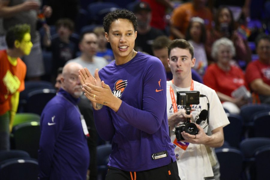 Phoenix Mercury center Brittney Griner walks on the court before the team's WNBA basketball game against the Washington Mystics, Friday, June 16, 2023, in Washington. (AP Photo/Nick Wass)