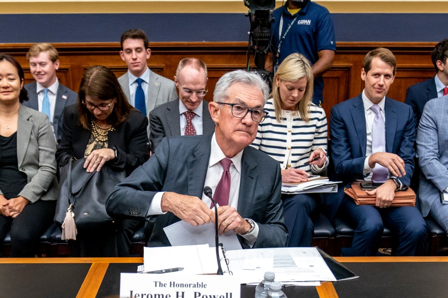 Federal Reserve Chairman Jerome Powell arrives for a House Financial Services Committee hearing in Washington, Wednesday, June 21, 2023. (AP Photo/Andrew Harnik)