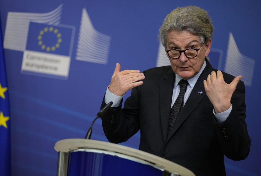 FILE - European Commissioner for Internal Market Thierry Breton speaks during a signature ceremony regarding the Chips Act at EU headquarters in Brussels, on Feb. 8, 2022. A top European Union official is visiting Silicon Valley to oversee “stress tests” for Twitter before the bloc’s tough new digital rules take effect. Thierry Breton, who oversees digital policy, is the EU’s point person working to get Big Tech companies in line for the Digital Services Act, which kicks in Aug. 25. (AP Photo/Virginia Mayo, File)