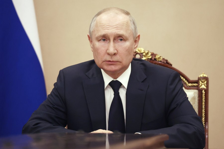 Russian President Vladimir Putin chairs a Security Council meeting in Moscow, Russia, Monday, June 26, 2023.