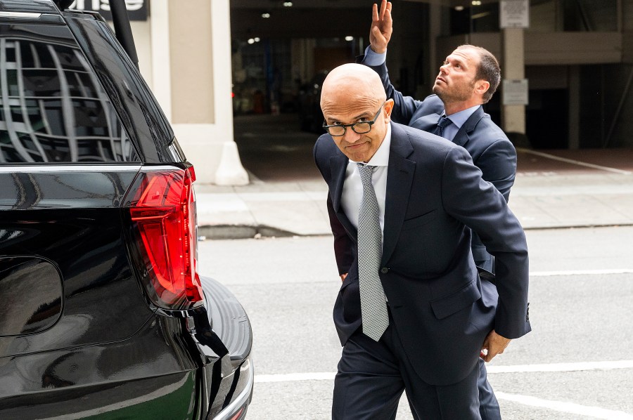 Microsoft CEO Satya Nadella arrives at the Phillip Burton Federal Building and U.S. Courthouse on Wednesday, June 28, 2023, in San Francisco. Microsoft is defending the company's proposed $69 billion takeover of video game maker Activision Blizzard as federal regulators seek to block the deal. (AP Photo/Noah Berger)