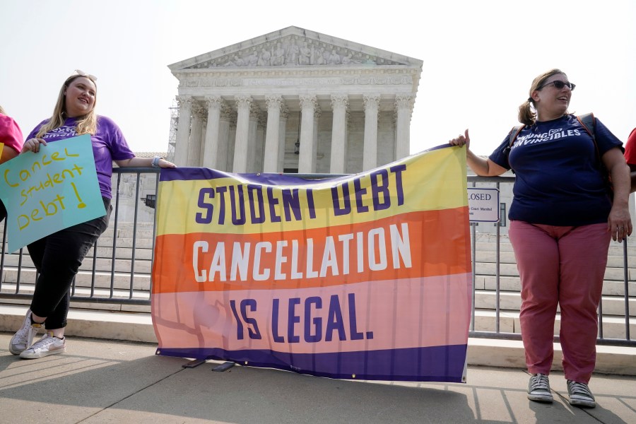 People in favor of canceling student debt protest outside the Supreme Court, Friday, June 30, 2023, in Washington. A sharply divided Supreme Court has ruled that the Biden administration overstepped its authority in trying to cancel or reduce student loan debts for millions of Americans. Conservative justices were in the majority in Friday’s 6-3 decision that effectively killed the $400 billion plan that President Joe Biden announced last year. (AP Photo/Mariam Zuhaib)