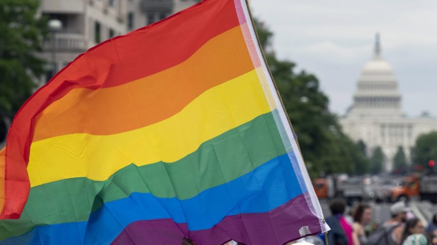 With the Capitol in the background, a person waves a rainbow flag as they participant in a rally in support of the LGBTQIA+ community at Freedom Plaza, Saturday, June 12, 2021, in Washington.