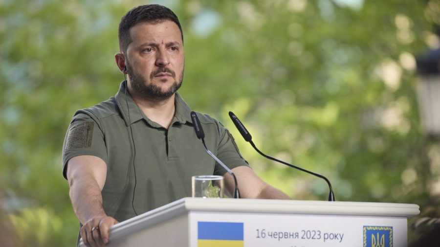 In this photo provided by the Ukrainian Presidential Press Office, Ukrainian President Volodymyr Zelensky attends a news conference during his meeting with delegation of African leaders in Kyiv, Ukraine, Friday, June 16, 2023.