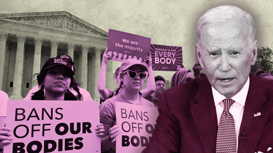 Photo illustration of abortion rights supporters, cutout in light pink, holding signs reading "BANS OFF OUR BODIES" and "We are the majority" in front of a beige and textured background of thee Supreme Court. President Biden is on the right side of the image, toned in black and white and purple (tie, suit).