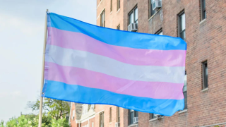 A transgender flag with blue, pink and white strips flies in front of a building.