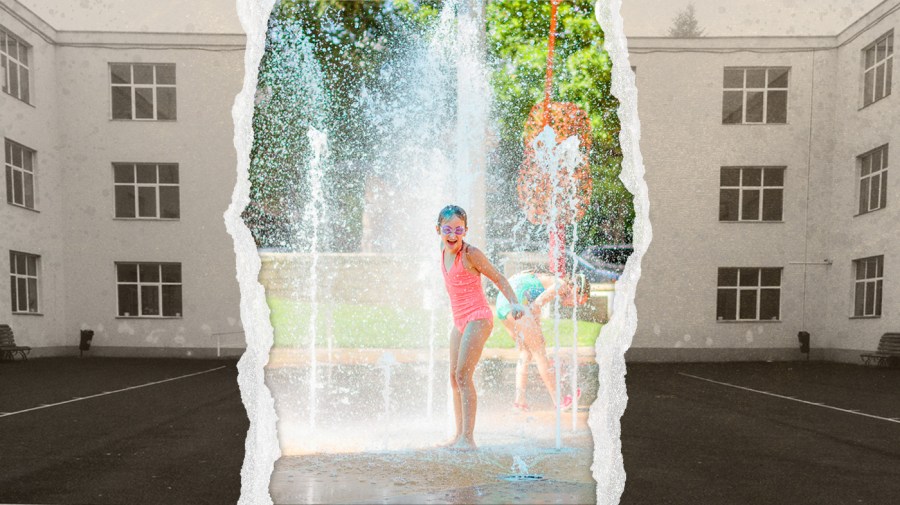 A sepia toned school building and play area are shown in the background, and the center of the image appears torn out to reveal a bright image of a child playing on a splash pad.