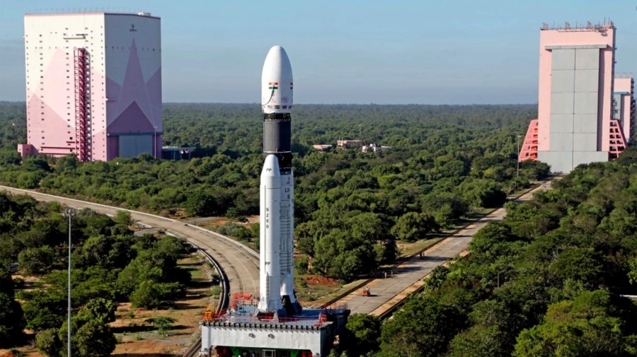 This photograph released by the Indian Space Research Organization (ISRO) shows India's heaviest rocket prepared ahead of the launch from the Satish Dhawan Space Center in Sriharikota, India, Saturday, Oct. 15, 2022. (Indian Space Research Organization via AP)