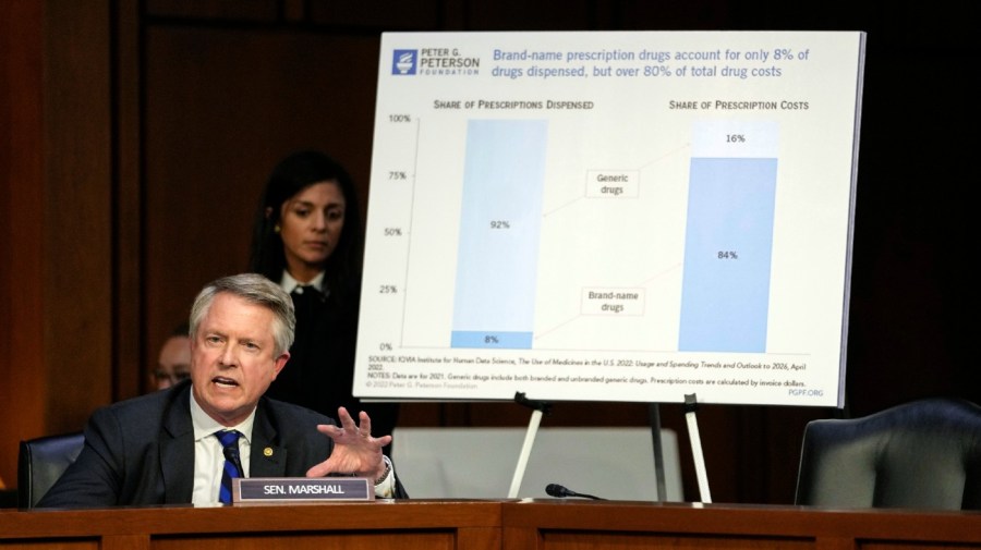 Sen. Roger Marshall, R-Kan., speaks during the Senate Health, Education, Labor, and Pensions Committee hearing on Capitol Hill in Washington, Wednesday, May 10, 2023, to examine the need to make insulin affordable for all Americans. (AP Photo/Carolyn Kaster)