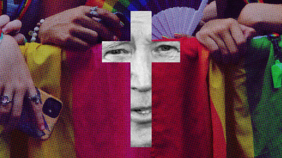 Photo illustration of a close-up of Joe Biden’s face, center and in black and white, inside the shape of a cross with a close-up of Pride attendees with a Pride flag draped over a rail and rainbow fans.