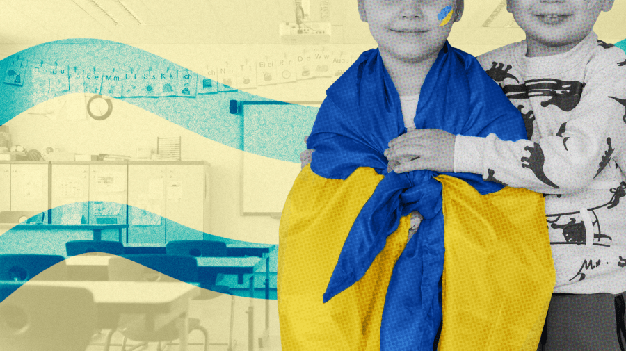 Photo illustration of two school children, far right, with one draped in the Ukrainian flag with facepaint of the flag on her face. The background is a classroom full of desks tinted yellow at low opacity with two light blue squiggles moving horizontally over the photo.