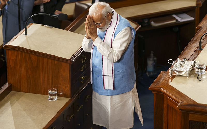 Indian Prime Minister Narendra Modi bows after his Thursday address to a joint meeting of Congress.