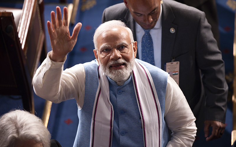 Indian Prime Minister Narendra Modi waves to the gallery