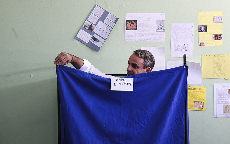 Kyriakos Mitsotakis leader of center-right New Democracy party votes at a polling station in Athens