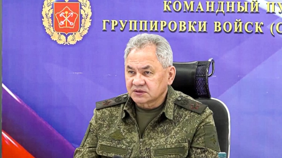 In this photo taken from video and released on Monday, June 26, 2023 by the Russian Defense Ministry Press Service, Russian Defense Minister Sergei Shoigu speaks to officers as he inspects a command post of one of the formations of the Zapad (West) group of Russian troops at an undisclosed location of Ukraine.