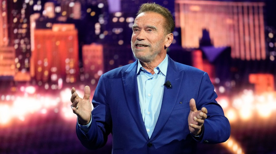 Arnold Schwarzenegger talks during a pre-show BMW keynote at CES 2023 Wednesday, Jan. 4, 2023, in Las Vegas.