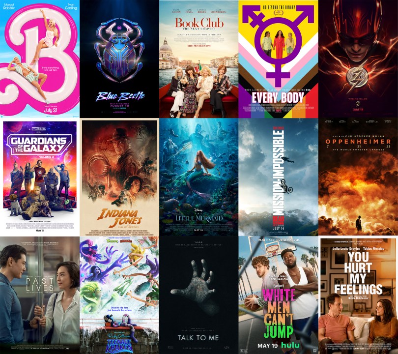 This combination of photos shows promotional art for films, top row from left, "Barbie," "Blue Beetle," "Book Club: The Next Chapter," "Every Body," "The Flash," second row from left, "Guardians of the Galaxy, Volume 3," "Indiana Jones and the Dial of Destiny," "The Little Mermaid," "Mission: Impossible - Dead Reckoning Part I," "Oppenheimer," bottom row from left, "Past Lives," "Ruby Gillman, Teenage Kraken," "Talk To Me," "White Men Can't Jump," and "You Hurt My Feelings." (Warner Bros., Warner Bros., Focus Features, Focus Features, Warner Bros., Marvel Studios, LucasFilms, Disney, Paramount, Universal, A24, Universal, A24, 20th Century Studios and A24 via AP)