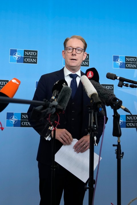 Sweden's Foreign Minister Tobias Billstrom speaks during a media conference at NATO headquarters in Brussels, Thursday, July 6, 2023. Senior officials from Sweden and Turkey arrived at NATO headquarters Thursday to examine Turkish President Recep Tayyip Erdogan's objections to the Nordic country joining the military alliance and to see what more, if anything, could be done to break the deadlock. (AP Photo/Virginia Mayo)