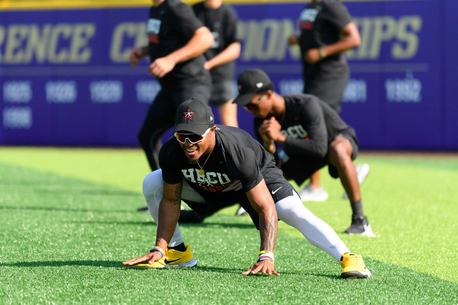 Mississippi Valley State University's Narvin Booker stretches during a workout the day before the HBCU Swingman Classic during the 2023 All Star Week, Thursday, July 6, 2023, in Seattle. (AP Photo/Caean Couto)