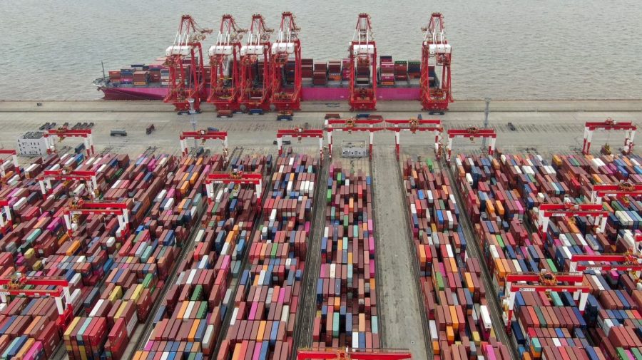 The Yangshan container port is seen in an aerial view in Shanghai, China on July 10, 2021. (Chinatopix via AP, File)