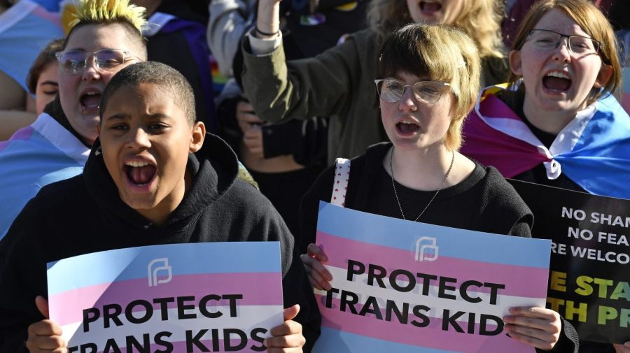 FILE - Protesters of Kentucky Senate Bill SB150, known as the Transgender Health Bill, cheer on speakers during a rally on the lawn of the Kentucky Capitol in Frankfort, Ky., March 29, 2023. Kentucky's ban on gender-affirming care for young transgender people was restored Friday, July 14, when a federal judge lifted an injunction he issued the previous month that had temporarily blocked the restrictions. (AP Photo/Timothy D. Easley, File)