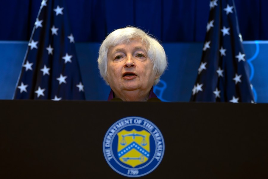 FILE - Treasury Secretary Janet Yellen speaks during a press conference at the U.S. Embassy in Beijing, China, Sunday, July 9, 2023. (AP Photo/Mark Schiefelbein, File)