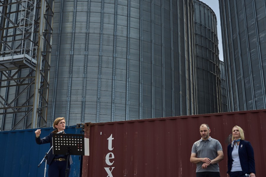 U.S. Agency for International Development Administrator Samantha Power speaks during a news conference at the Port of Odesa, as she is joined by Ukrainian Minister of Infrastructure Oleksandr Kubrakov, center, and U.S. Ambassador to Ukraine Bridget Brink, right, in Odesa, Ukraine, Tuesday, July 18, 2023. (AP Photo/Libkos)