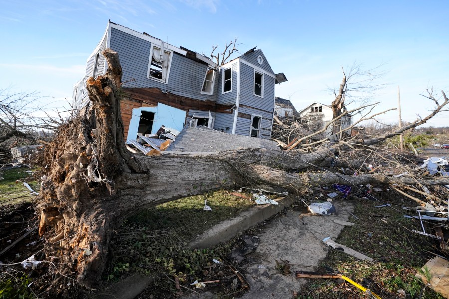 FILE - An overturned tree sits in front of a tornado damaged home in Mayfield, Ky., Dec. 11, 2021. Kentucky's state auditor's office announced Thursday, July 20, 2023, that disaster recovery funds set up by Kentucky's Democratic governor to assist victims of tornadoes and flooding will be scrutinized by the office at the request of a Republican-led legislative panel, a decision fraught with political undertones. (AP Photo/Mark Humphrey, File)