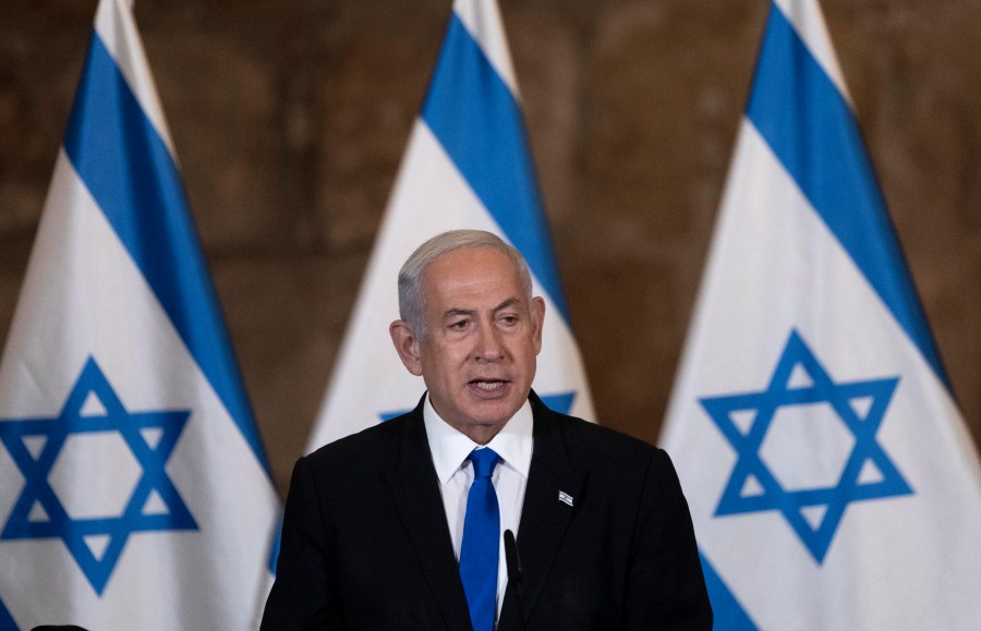 FILE - Israel's Prime Minister Benjamin Netanyahu speaks at the weekly cabinet meeting, in the Western Wall tunnels in the Old City of Jerusalem, Sunday, May 21, 2023. Netanyahu's office said early Sunday, July 23, that he was undergoing a procedure to receive a pacemaker. (AP Photo/ Maya Alleruzzo, Pool, File)