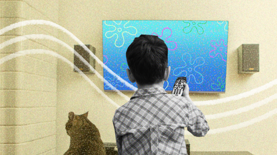 Photo illustration of a young boy holding a remote, in black and white and center right, watching TV displaying a Spongebob-styled background of neon flowers over a blue sky. The background is the rest of the living room, stylized, with speakers on either side of the TV and a cat sitting on the left side of the boy.