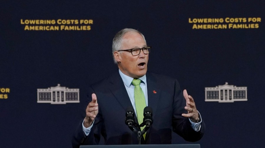 File - Washington Gov. Jay Inslee speaks Friday, April 22, 2022, at an event with President Joe Biden at Green River College in Auburn, Wash., south of Seattle.