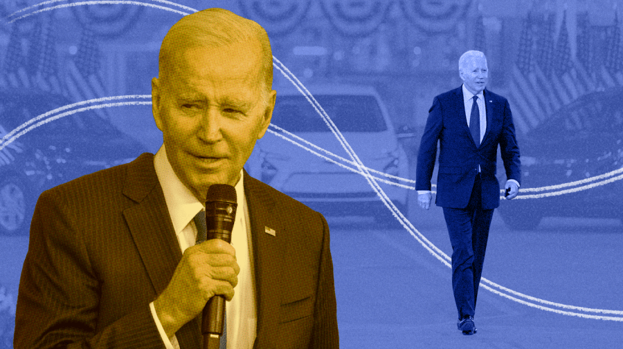 Photo illustration of Joe Biden, yellow-toned in a halftone texture, over a light blue, semi-transparent photo of Biden (cutout, in dark blue) visiting an electric vehicle plant, with cars in the background. Two double thin white lines, in a wave pattern, intersect behind the cutout.