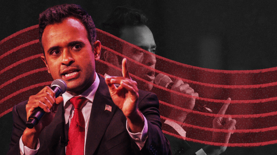 Photo illustration of Vivek Ramaswamy, left and red-toned with a halftone texture, talking into a microphone over multiple red pencil wave lines. Underneath the lines is a separate image of Ramaswamy, in black and white and with noise, talking into a microphone.