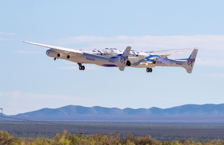 Virgin Galactic's mothership Eve, carrying the rocket-powered plane Unity 22, takes off from Spaceport America, near Truth or Consequences, N.M., Thursday, Aug. 10, 2023. Virgin Galactic is taking its first space tourists on a long-delayed rocket ship ride. (AP Photo/Andrés Leighton)