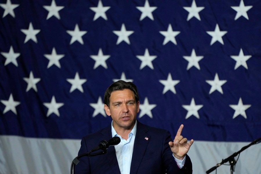 FILE - Republican presidential candidate Florida Gov. Ron DeSantis speaks during a fundraising event for Rep. Ashley Hinson, R-Iowa, Aug. 6, 2023, in Cedar Rapids, Iowa. DeSantis is dismissing concerns about his latest staffing shakeup as he returns to Iowa in the midst of a weekslong campaign reset. (AP Photo/Charlie Neibergall, File)