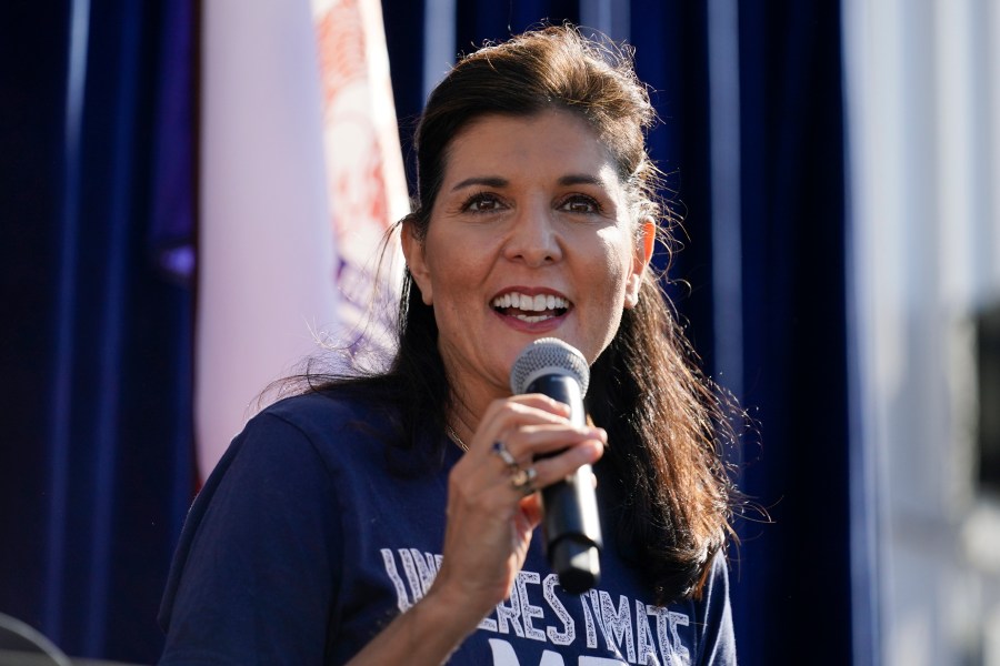 Republican presidential candidate former U.N. Ambassador Nikki Haley speaks during a Fair-Side Chat with Iowa Gov. Kim Reynolds at the Iowa State Fair, Aug. 12, 2023, in Des Moines, Iowa. He says he won't sign the pledge required to participate, but former President Donald Trump's Republican rivals are actively preparing as if he will be on stage for the GOP's first presidential debate next week. (AP Photo/Jeff Roberson)