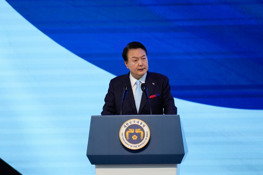 South Korean President Yoon Suk Yeol delivers a speech during a ceremony to celebrate the 78th anniversary of the Korean Liberation Day from Japanese colonial rule in 1945, in Seoul, South Korea, Tuesday, Aug. 15, 2023. (AP Photo/Lee Jin-man, Pool)