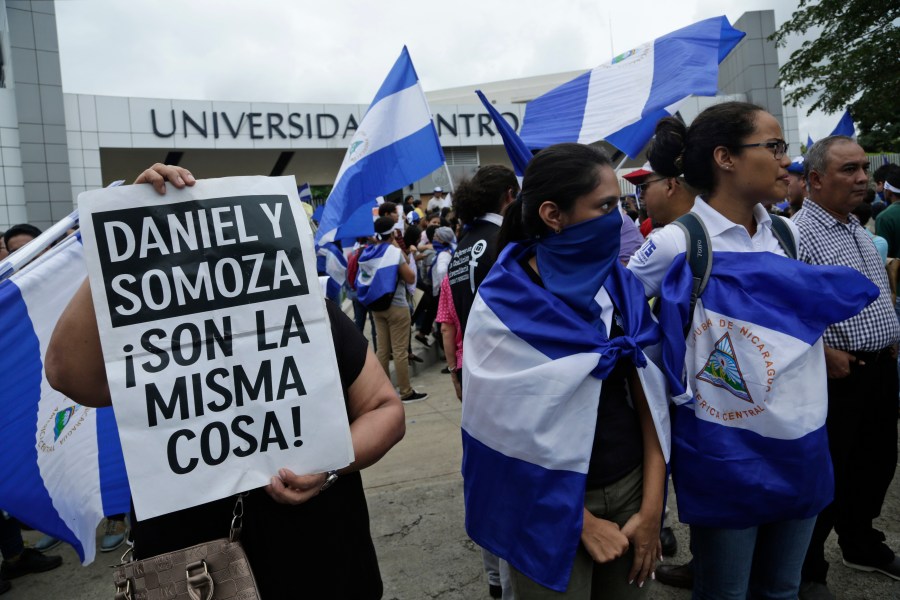 FILE - Demonstrators protest outside the Jesuit-run Universidad Centroamericana, UCA, demanding the university's allocation of its share of 6% of the national budget in Managua, Nicaragua, Aug. 2, 2018. The Jesuits announced Wednesday, Aug. 16, 2023, that Nicaragua's government has confiscated the UCA, one of the region's most highly regarded colleges. (AP Photo/Arnulfo Franco, File)