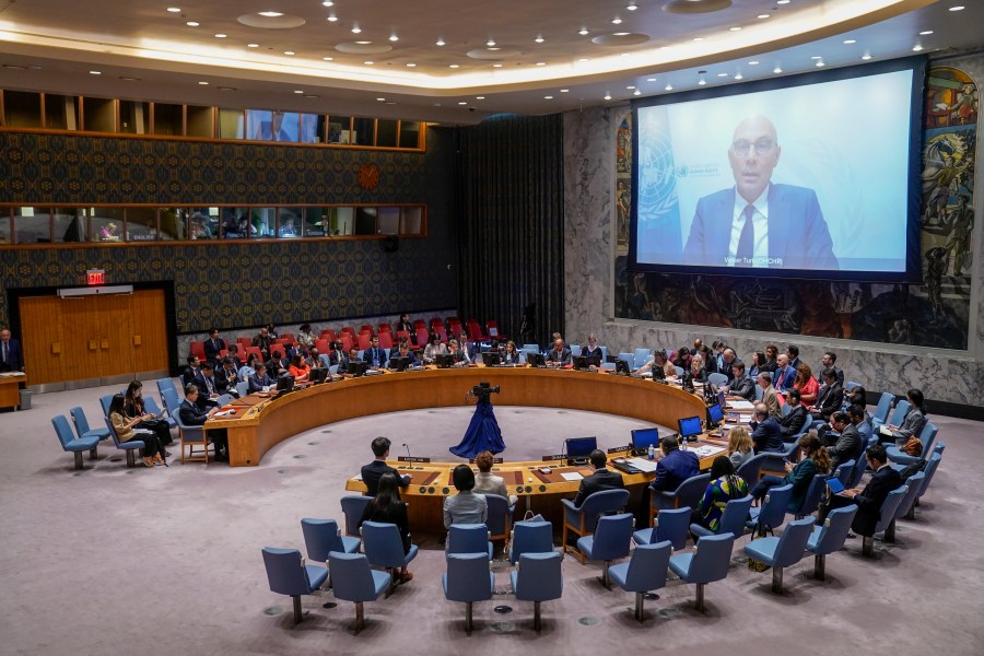 Volker Turk, United Nations High Commissioner for Human Rights, speaks via video call after Linda Thomas-Greenfield, United States Ambassador to the United Nations, sitting president of the United Nations Security Council, gavels in a meeting of the council to discuss the situation in the Democratic People's Republic of Korea, Thursday, Aug. 17, 2023, at United Nations headquarters. (AP Photo/John Minchillo)