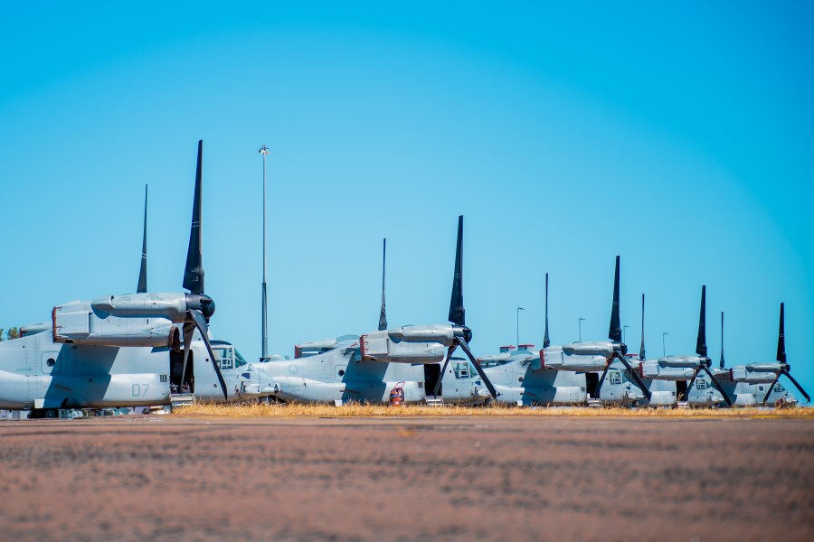 In this photo released by Australian Department of Defense, United States Marine Corps MV-22B Osprey tiltrotor aircraft are parked at RAAF Base Darwin, Australia, Aug. 11, 2023, during Exercise Alon at the Indo-Pacific Endeavour 2023. Several U.S. Marines remained in a hospital in the Australian north coast city of Darwin on Monday after they were injured in a fiery crash of a tiltrotor aircraft on an island. (CPL Robert Whitmore/Australian Department of Defense via AP)