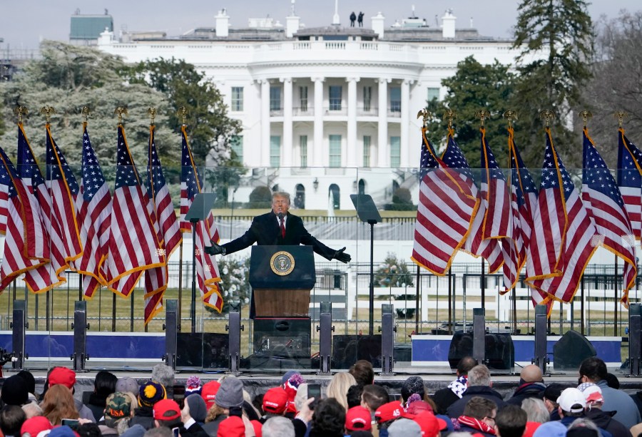 FILE - With the White House in the background, President Donald Trump speaks at a rally in Washington, Jan. 6, 2021. A judge on Monday, Aug. 28, 2023, set a March 4, 2024, trial date for Donald Trump in the federal case in Washington charging the former president with trying to overturn the results of the 2020 election, rejecting a defense request to push back the case by years. (AP Photo/Jacquelyn Martin, File)