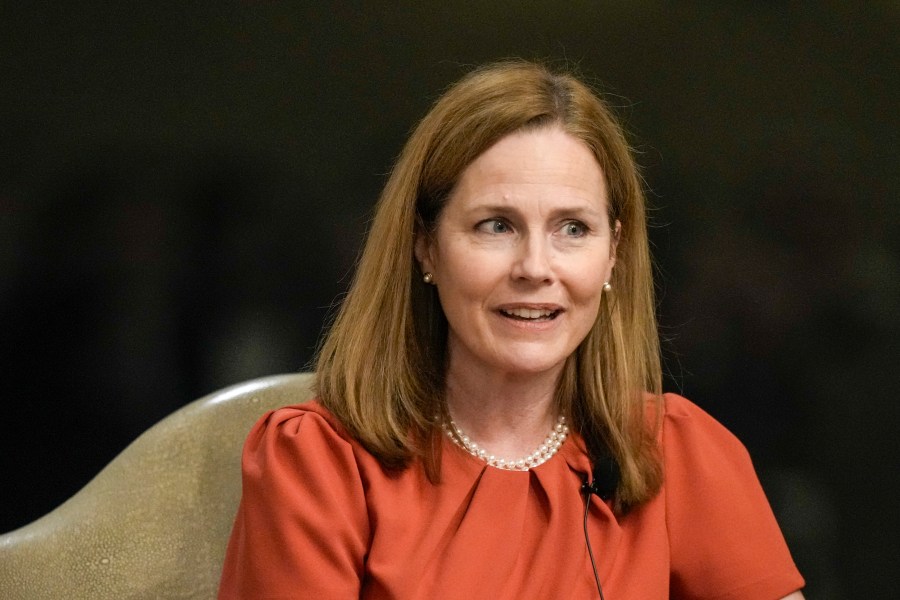 Supreme Court Associate Justice Amy Coney Barrett speaks during the Seventh Circuit Judicial Conference Monday, Aug. 28, 2023, in Lake Geneva, Wis. (AP Photo/Morry Gash)